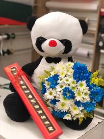 50 cm Panda+Renkli Papatya+Mesajlı Çikolata